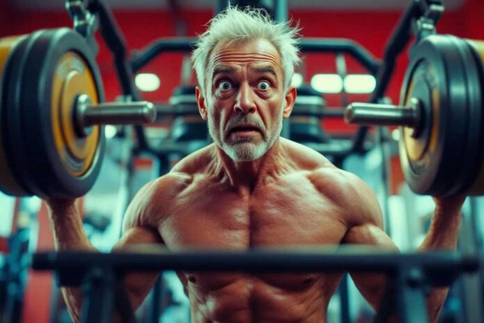 An exhausted person, possibly post workout, grimaces in pain or discomfort, surrounded by home gym equipment, after attempting an intense Iron Paradise style weightlifting routine